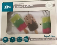 1 Set  Outdoors 12 Ft POPSICLE String Lights w/ Hanging Clips, 20 LEDs & Remote