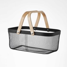 E&W Mesh Wire Metal Storage Basket with Wooden Handle for Kitchen, Bathroom