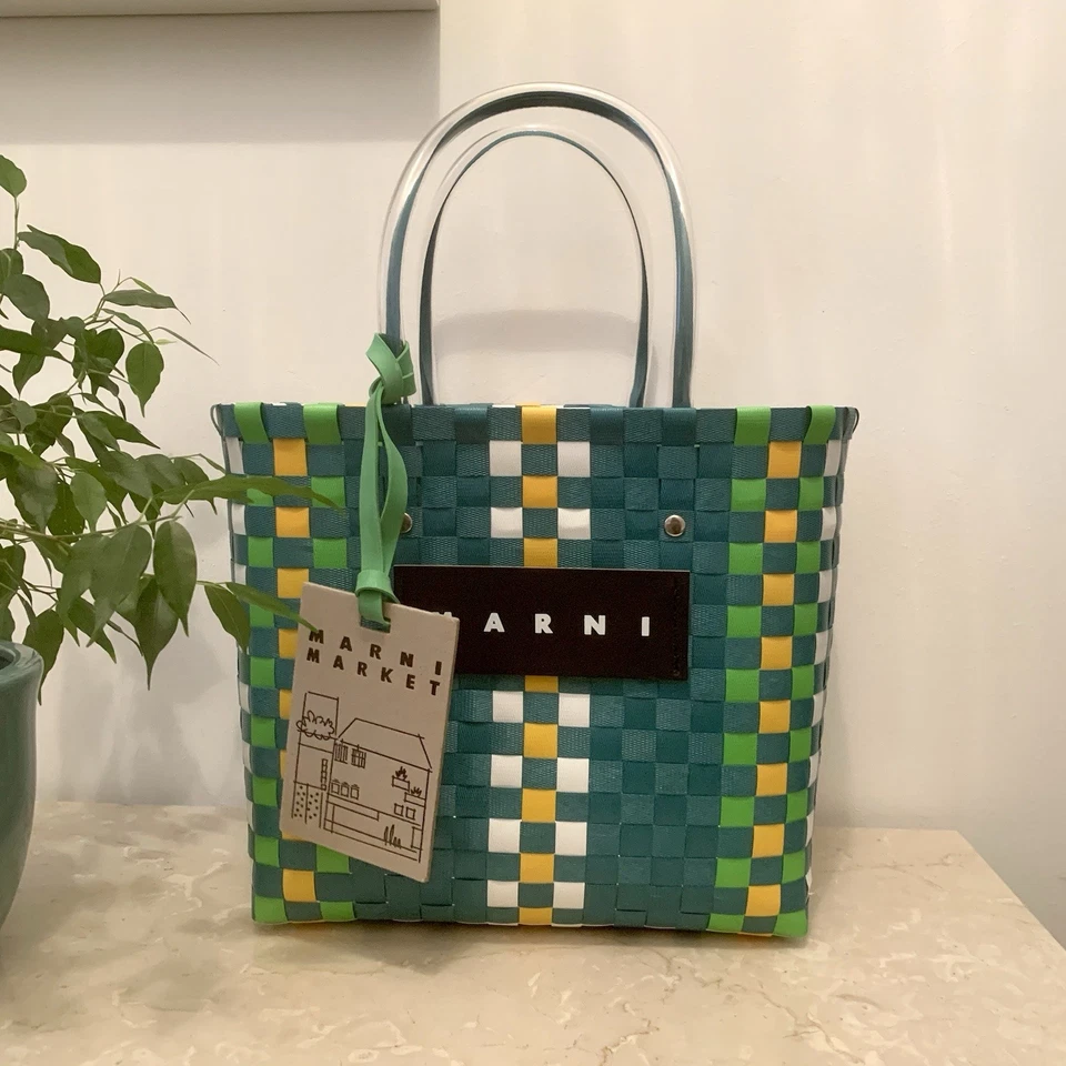 • Borsa a Secchiello MARNI MARKET Shopping Bag Intrecciata Multicolor Green New - Imagen 2 de 4