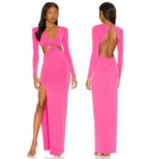 Nookie Jewel Maxi Gown Twist Front Cut-Out Side Slit Long Sleeve Neon Pink Small