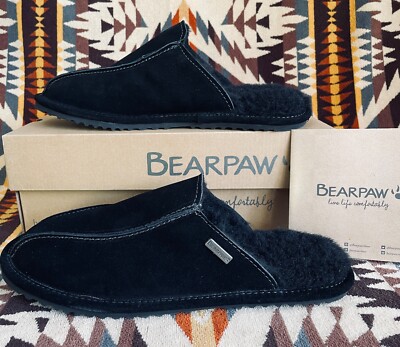 BEARPAW Men's Pierre Black Suede Slippers Wool Lined (2538M) Size