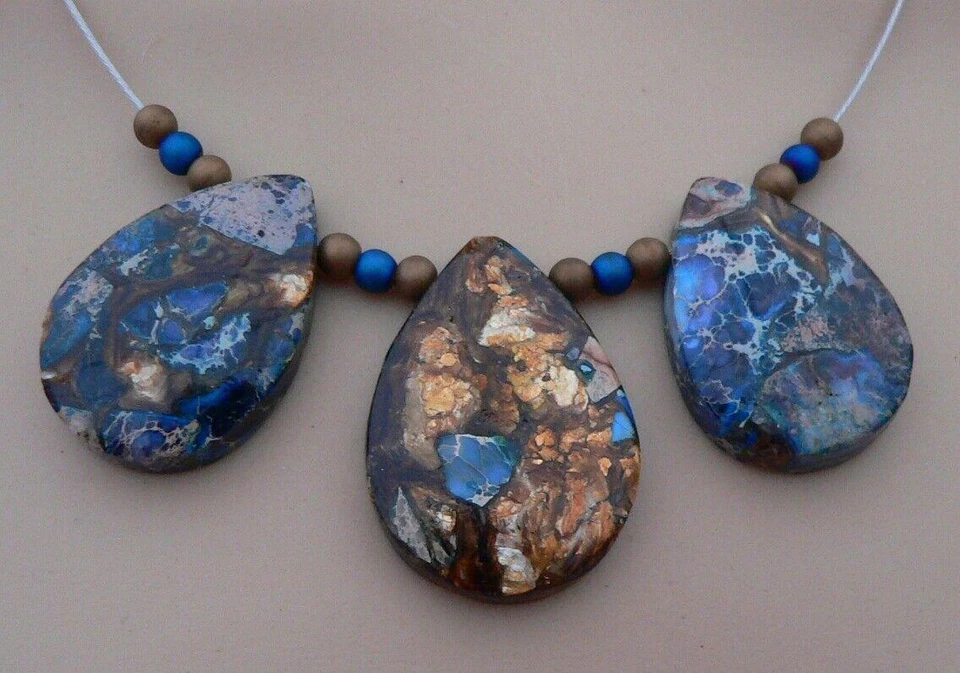 Halsreif  3 Tropfen Jaspis Anhänger blau gold mehrfarbig Hämatit  Blau 491o - Bild 3 von 4