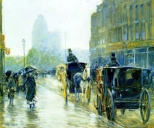 HORSE DRAWN CABS AT EVENING NEW YORK 1890 RAINY PAINTING BY CHILDE HASSAM REPRO