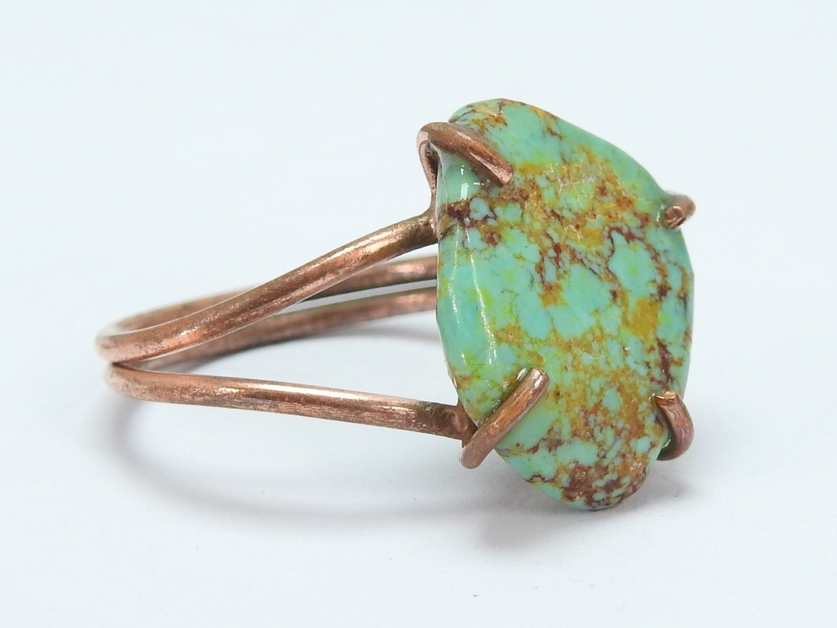 Turquoise Wire Wrapped Adjustable Copper Ring Raw Stone For Gift