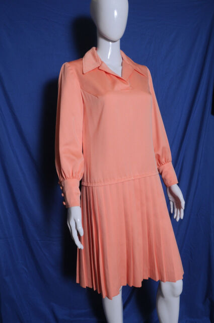 Vintage &#039;60s Norman Wiatt California Peach drop waist accordian skirt dress L