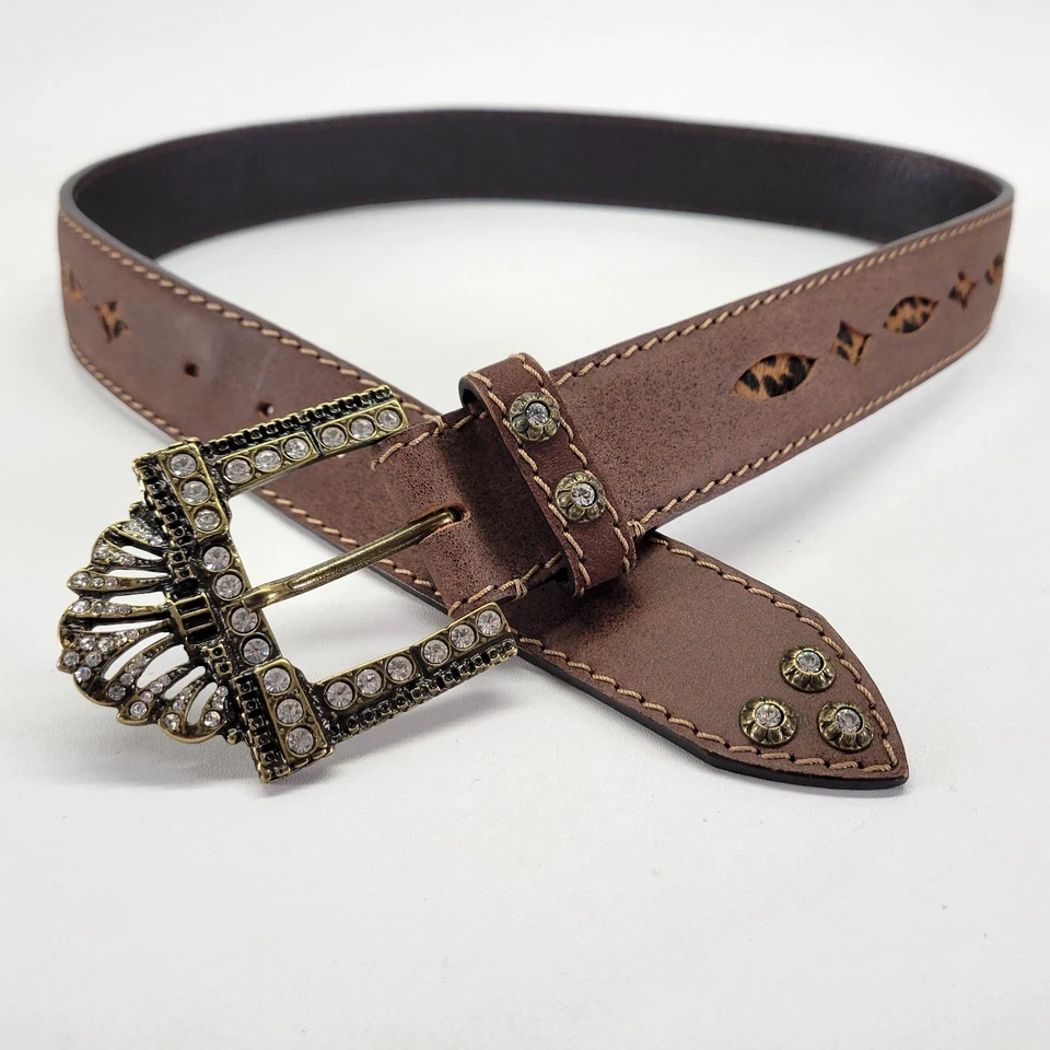 Cinturón de cuero Nanni 34 tachonado estrás hebilla bling guepardo becerro marrón Foto 3 de 4