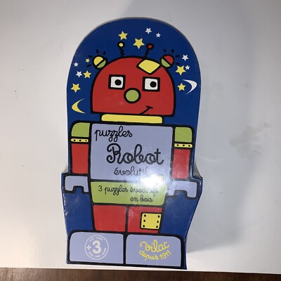 Vilac Set of Three Wood Puzzles, Robot Themed From France Robot Spaceship Rocket
