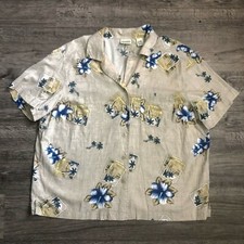 Vintage Classic Elements Beige Blue Floral Palm Trees Hawaiian Shirt Size 16 18W
