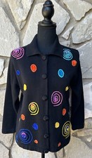 Vintage VICTORIA HARBOUR Cardigan Sweater Small Black Multicolor Swirls Excellen