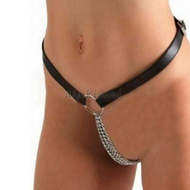 Micro tanga de cuero suave para mujer con cadena sexual espalda en T tanga bragas lencería Foto 2 de 4
