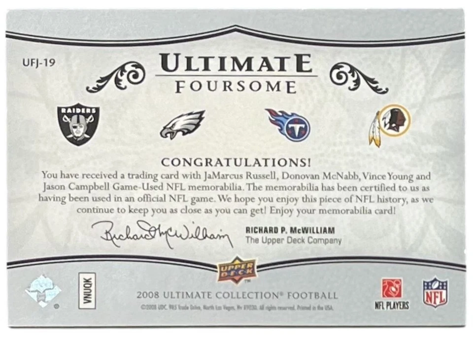 2008 UD Ultimate Coll Foursomes #UFJ-19 McNabb Campbell Young Russell /20 - Image 2 of 2