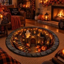 Flat Halloween Haunted Well Round Rug, 3D Ghost Skeleton Black Cat Carpet, Pumpk