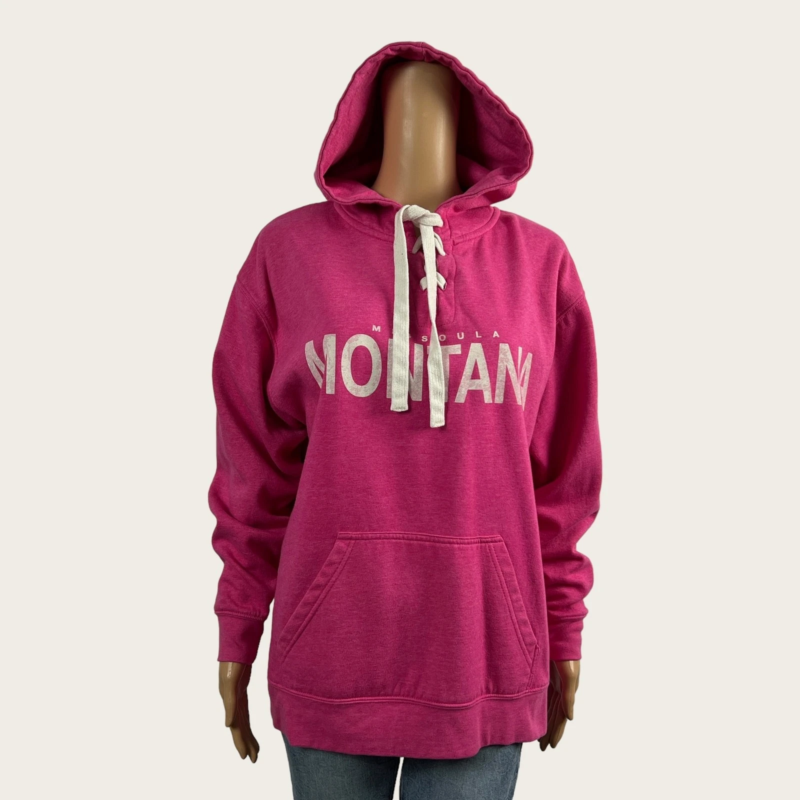 Retro Vision LARGE Missoula Montana Pink Lace Up Hooded Sweatshirt Hoodie