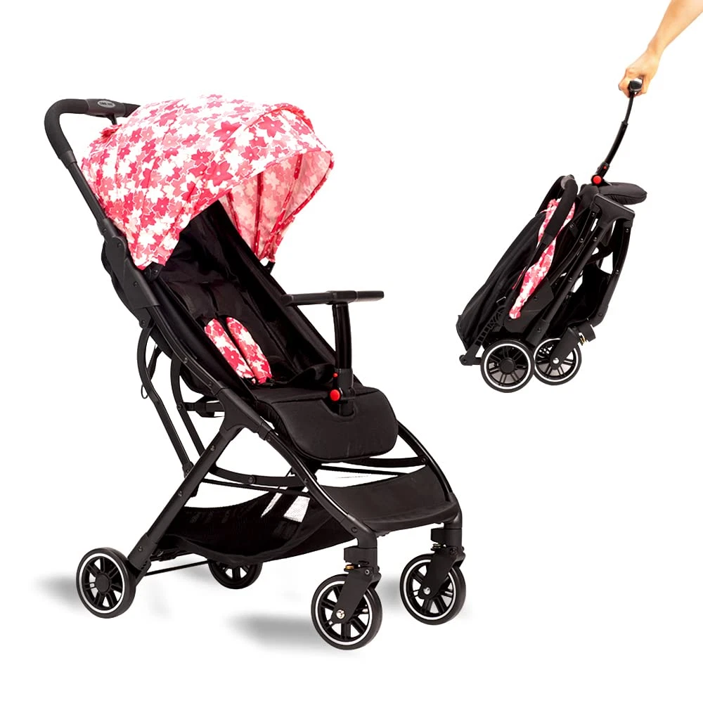 Compact Pink Portable Stroller with Auto Fold & Sun Canopy for Travel