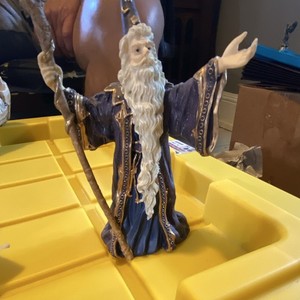 Fantasy Wizard Figurine Statue w/ Staff, Raised Arms, White Beard, Purple Robe