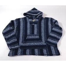 Baja Joe Hoodie Unisex Small Blue Striped Drug Rug Pullover Mexican Poncho Woven