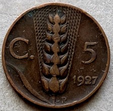 Italy 5-centesimi coin, 1927 KM# 59, copper. King Victorio Emmanuel III. Wheat.