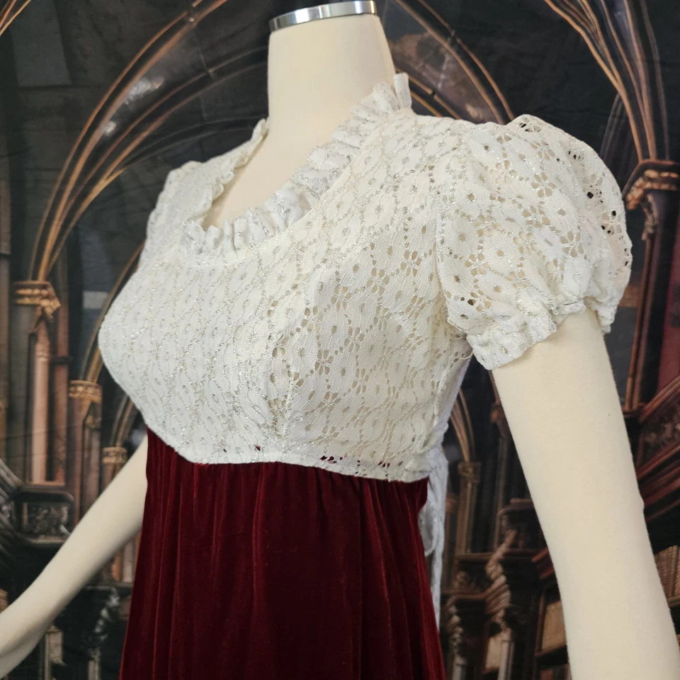 Vintage 1970s Dress Burgundy Red Velvet Maxi Floor Length White Lace Top - Image 2 of 4
