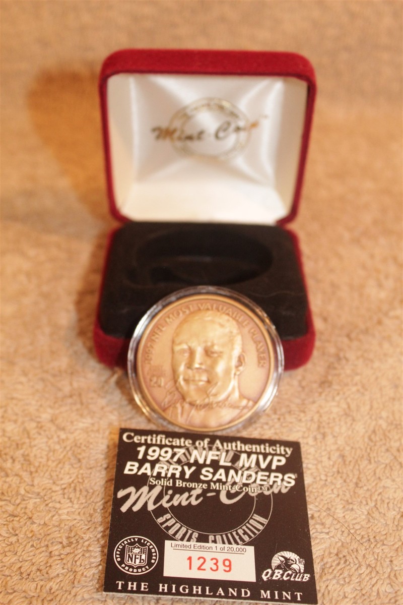 HIGHLAND MINT BRONZE MEDALLION BARRY SANDERS 1997 MVP COA 1239