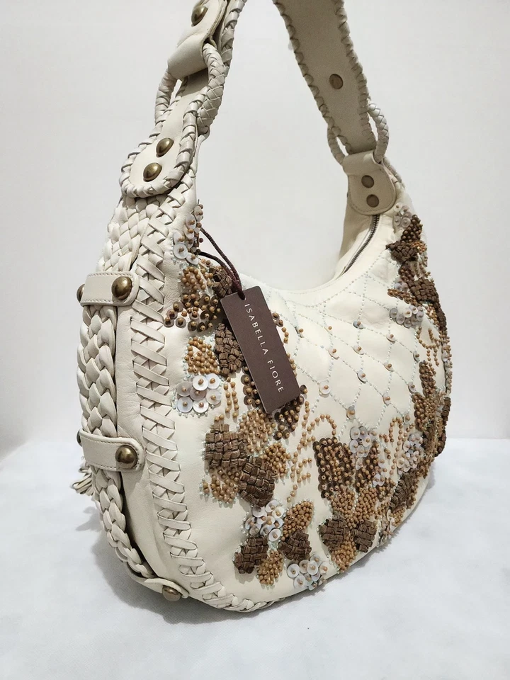 Bolsa boho Isabella Fiore couro hobo creme bordado floral frisado - Imagem 3 de 4