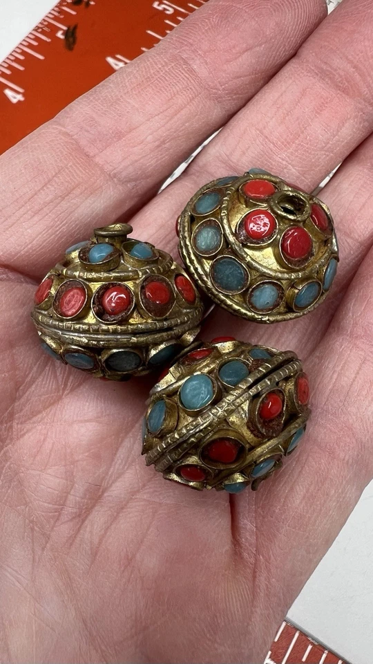 3 Tibetan Turquoise Coral Inlay Beads Brass Metal Jewelry Costume Beads ❤️ - Image 2 of 4