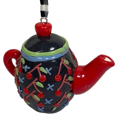 Mary Engelbreit Teapot Ornament Cherry Design Black Red Hanging Christmas Decor