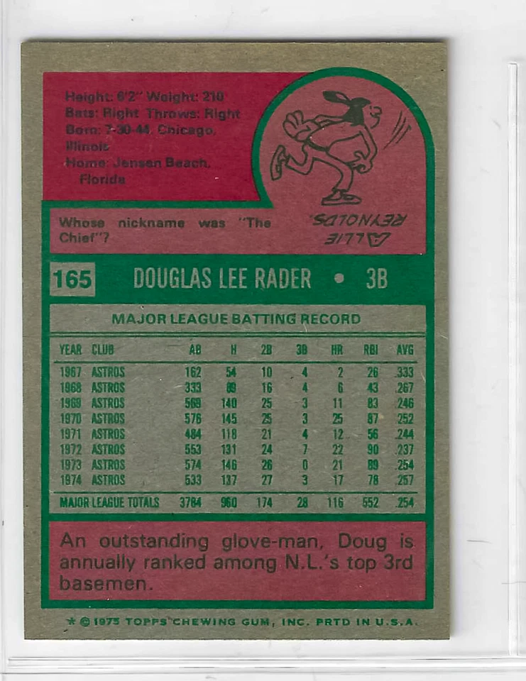 1975 Topps MINI Baseball - Doug Rader #165 - Image 2 of 2