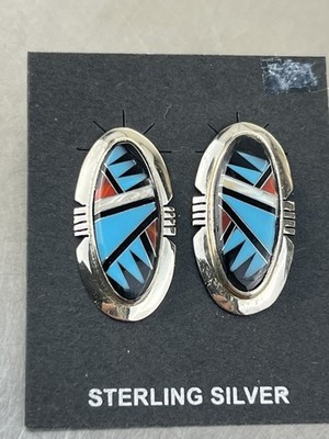 Zuni Sterling 925 earrings turquoise, coral, mother of pearl, onyx (OD Mark)