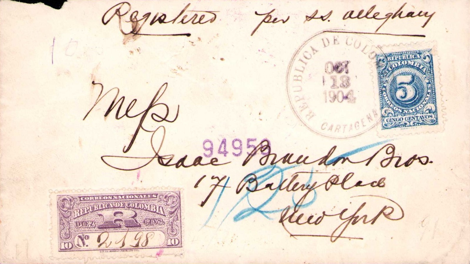 COLOMBIA - USA - 5c REGISTERED COVER - CARTAGENA to NEW YORK - 1904