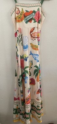 Micas Cream Tropical Print Maxi Dress Beach resort wear quirky NMT L