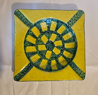 Vintage Italian Pottery Large Square Dish Bright Yellow and Green Rustic Glazes