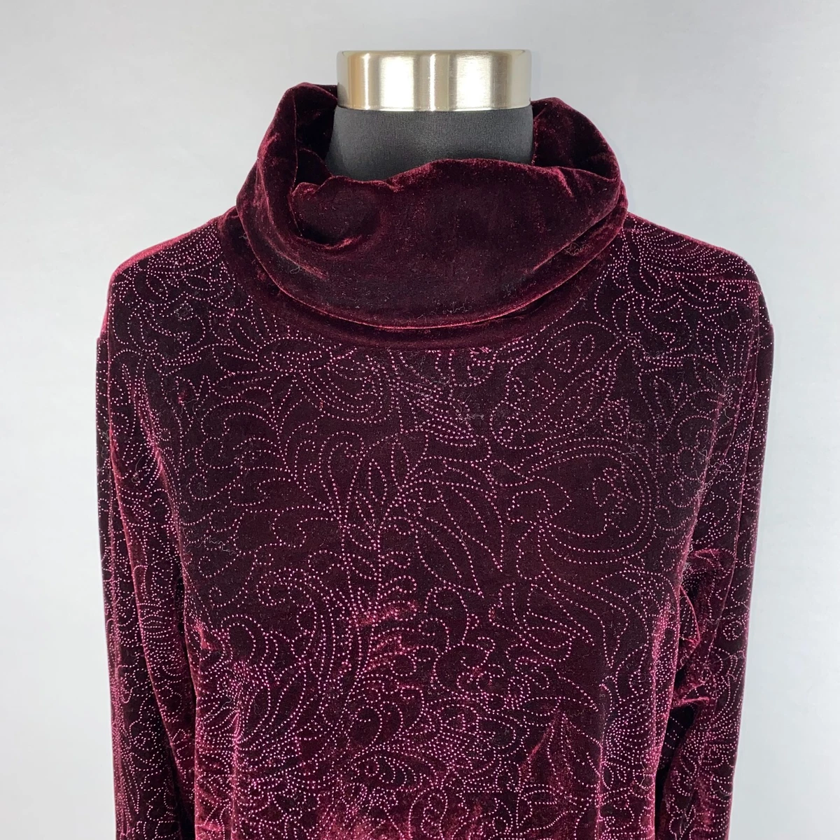 Coldwater Creek Womens M Velvet Turtleneck Patterned Detail Top