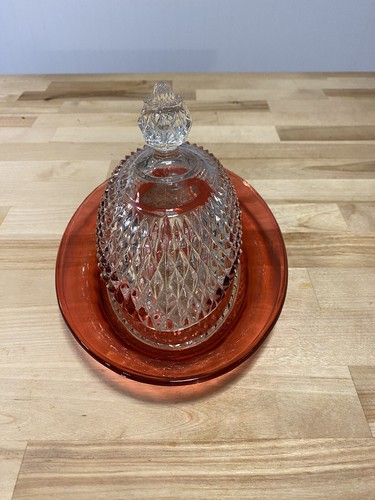 Vintage Indiana Glass Ruby Red Flash Diamond Point Lg. Oval Covered Butter Dish - Picture 4 of 13