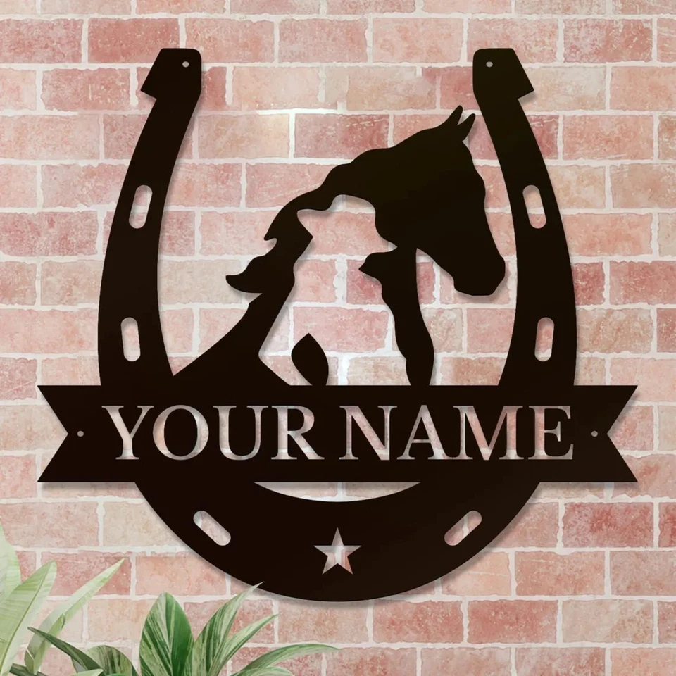 Letrero de metal personalizado con nombre de zapato de caballo de vaquera hogar granja rancho decoración arte de pared Foto 3 de 4