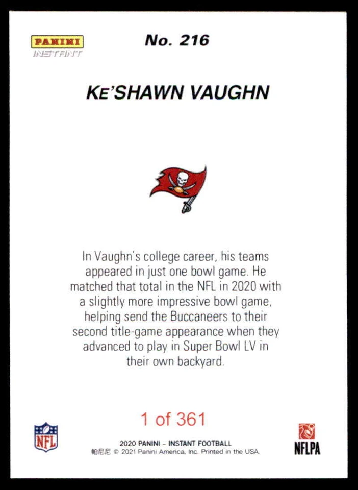 Ke'Shawn Vaughn 2020 Panini Instant #216 Buccaneers NFC Champions - Image 2 of 2
