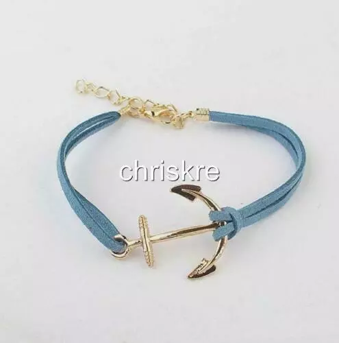 Suede Leather Nautical Anchor Charm Bracelet Ship Boat Gold Tone Blue 6.5-8.5" - Picture 3 of 3