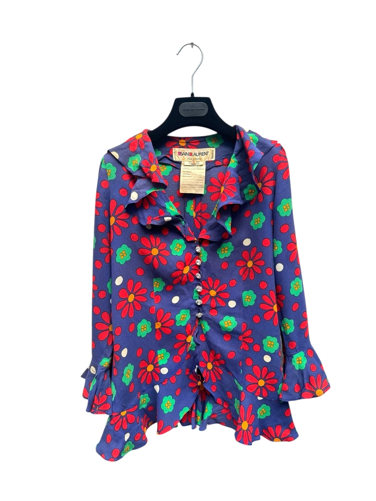 Camicia Yves Saint Laurent anni 70 floreale viscosa con volant taglia FR 36 S