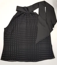 Attention Wms L Chiffon Blouse  Neck Tie Lined Sleeveless Black w Silver Dots