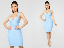Fashion Nova Light Blue bandage Dress bodycon Size M medium stretch thick knee L