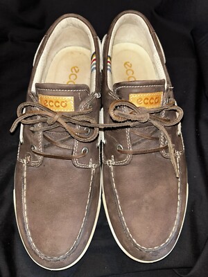 Ecco Boat Shoes Men's Sz Brown Nubuck Leather 3-eye