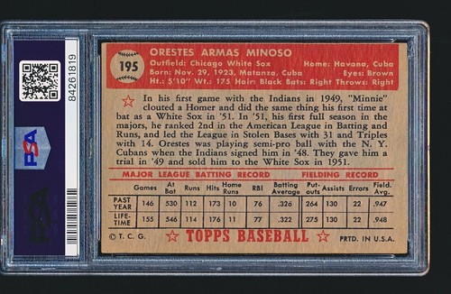 1952 Topps Signed Autographed ORESTES MINNIE MINOSO Rookie #195 PSA 4 Auto 6 - Picture 2 of 2