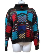 Vintage 1980's Gitano Knits Colorful Sweater Geometric Funky Big Shoulder Size M