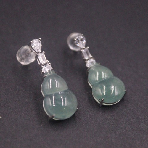 Massiv 925 Sterlingsilber Nieten Natur Jade Glück Zirkon Kürbis Hängel Ohrringe - Bild 1 von 9