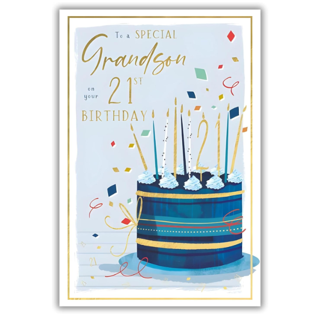 Birthday Card GRANDSON 21st 21. **LARGE Luxury Gold-foiled 3-page Card**