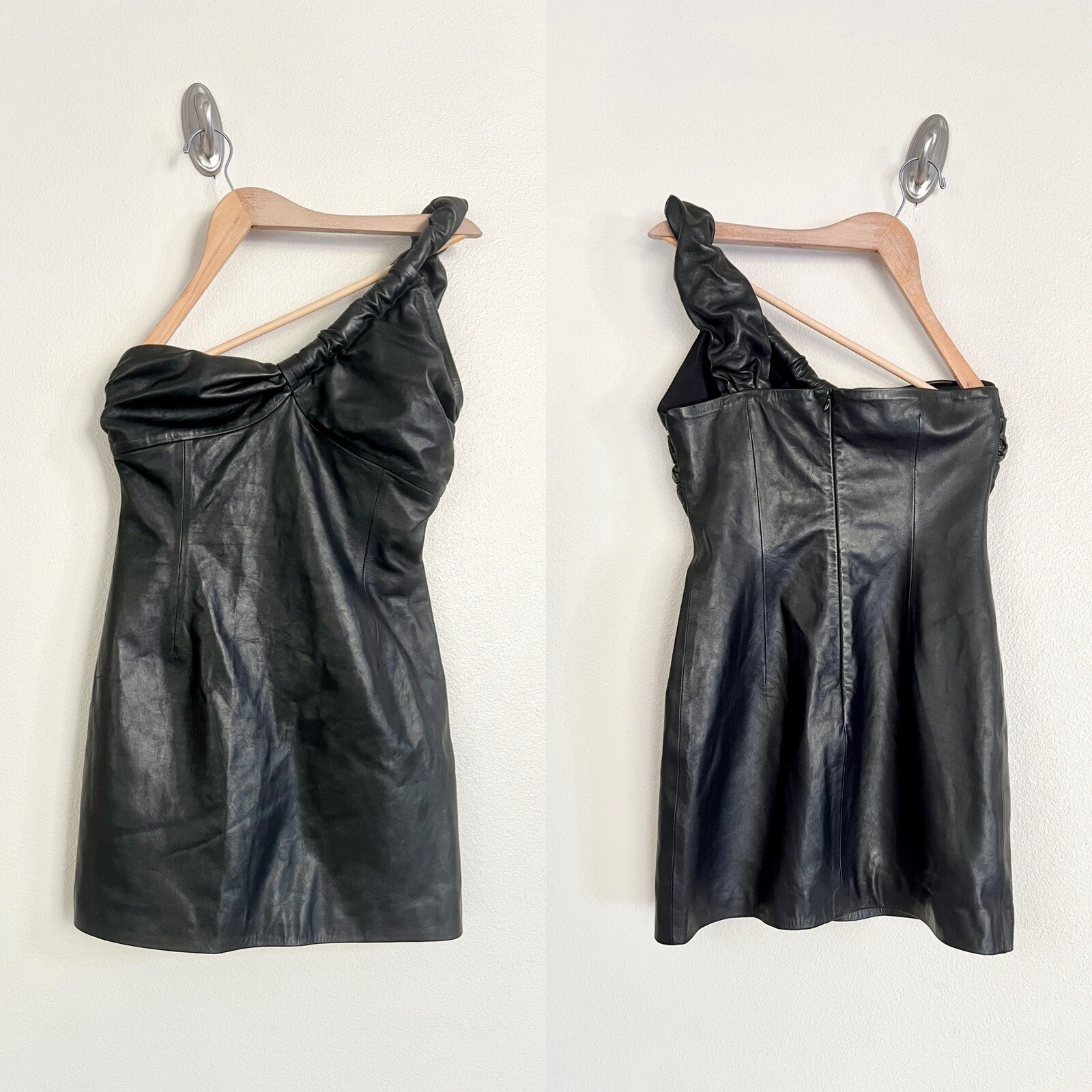 THE MANNEI Perth Leather One Shoulder Ruched Asymmetric Black Mini Dress Sz 40/M thumbnail 5