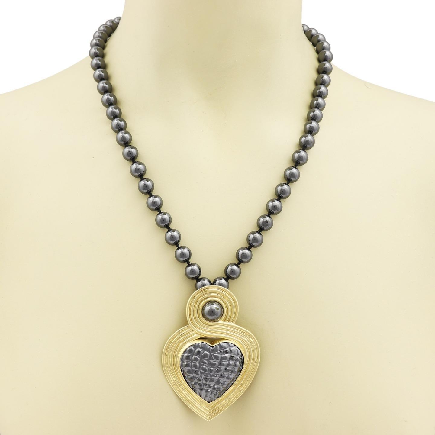 Gucci 18k Gold Convertible Heart Pendant Pin Necklace Hematite-image