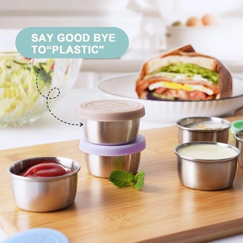 Salad Dressing Container 1.6oz Stainless Steel Sauce Cups W/ Silicone Lids 6pcs - Picture 3 of 10