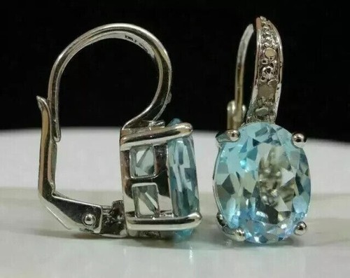 2Ct Oval Cut Aquamarine & Diamond Women's Drop Earrings 14K White Gold Plated - Picture 3 of 11