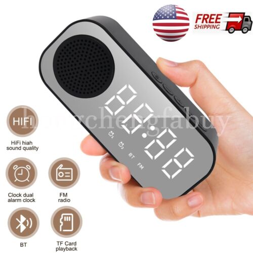Digital Alarm Clock FM Radio Wireless Bluetooth Mirror LED With Speaker Portable