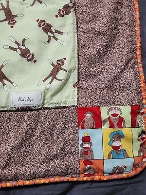 Minky Sock Monkey Baby Blanket Green Brown Boutique Blanket